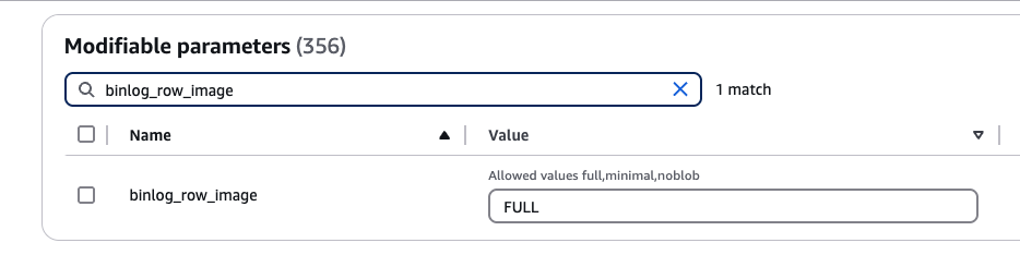 Binlog row image to FULL
